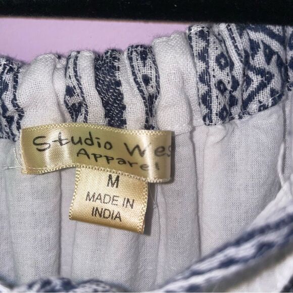 Studio West Size M Blue and White Striped Midi Dress Boho Aztec Southwestern - Picture 3 of 8